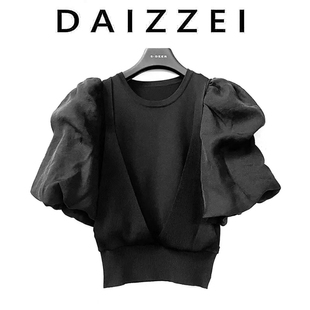 T恤女上衣 DAIZZEI 2025夏新款 宫廷风收腰显瘦假两件灯笼袖 针织衫