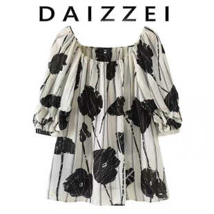 时尚 女夏季 新款 上衣 印花套头灯笼袖 大花朵一字肩短袖 DAIZZEI 衬衫