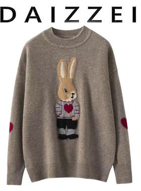 DAIZZEI~设计感卡通爱心兔长袖针织衫女秋冬新款山羊绒套头毛衣