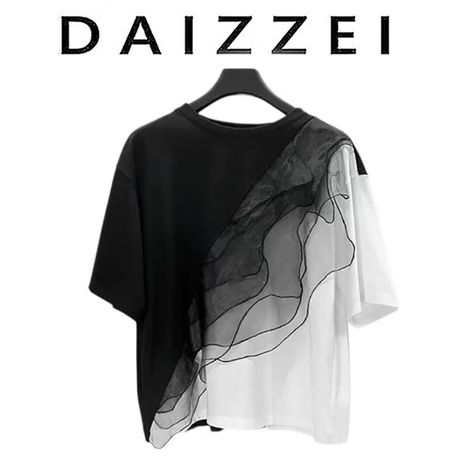 DAIZZEI~25夏季新款高端气质撞色拼接棉短袖T恤女网纱荷叶边上衣