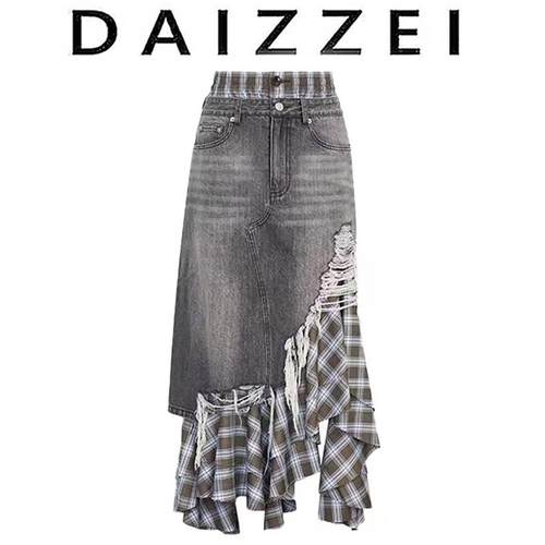 牛仔格纹拼接假两件半身裙女新品