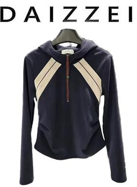 DAIZZEI~秋新款美式复古撞色正肩长袖连帽T恤女百搭显瘦抽褶上衣
