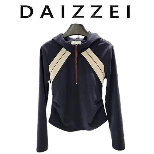 美式复古撞色长袖连帽T恤女上衣