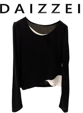DAIZZEI~新款通勤简约黑白拼色圆领休闲百搭假两件长袖T恤女上衣