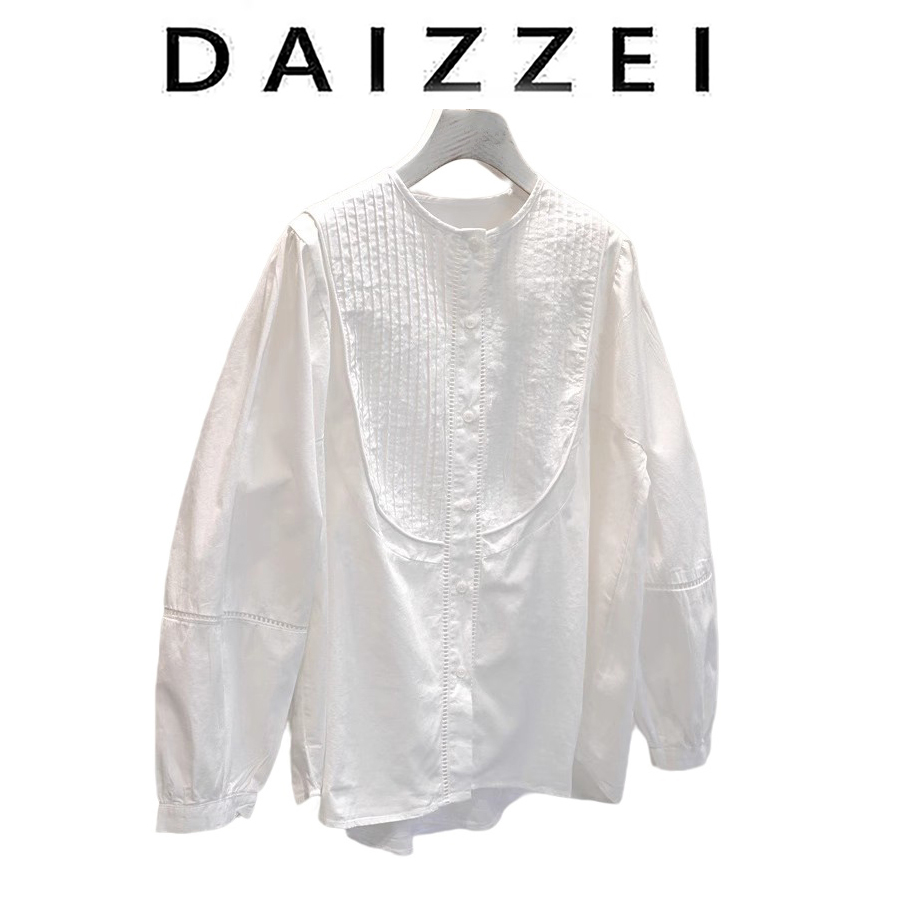 DAIZZEI~白色灯笼长袖衬衫女秋季新款宽松正肩设计感褶皱小众上衣