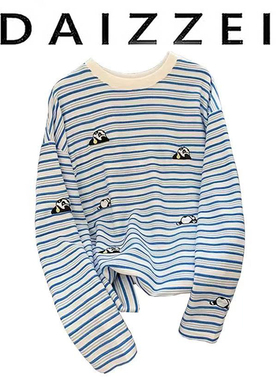 DAIZZEI~蓝色条纹熊猫长袖t恤女春季新款宽松休闲复古打底衫上衣