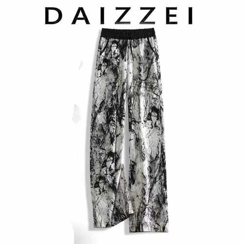 DAIZZEI~真丝水墨画薄款阔腿裤女