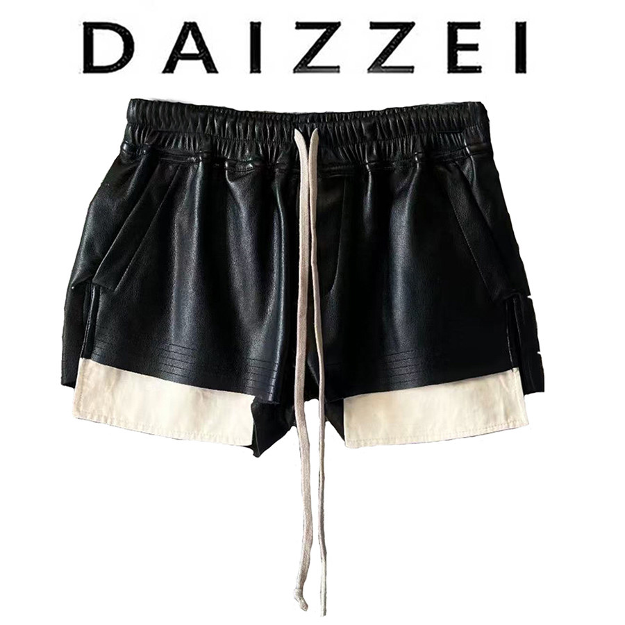 DAIZZEI~设计感黑色女装皮短裤外穿软皮口袋外露松紧腰抽绳短裤潮