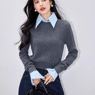 毛线衣 毛衣秋冬学院风通勤内搭打底针织衫 灰色短款 假两件翻领长袖