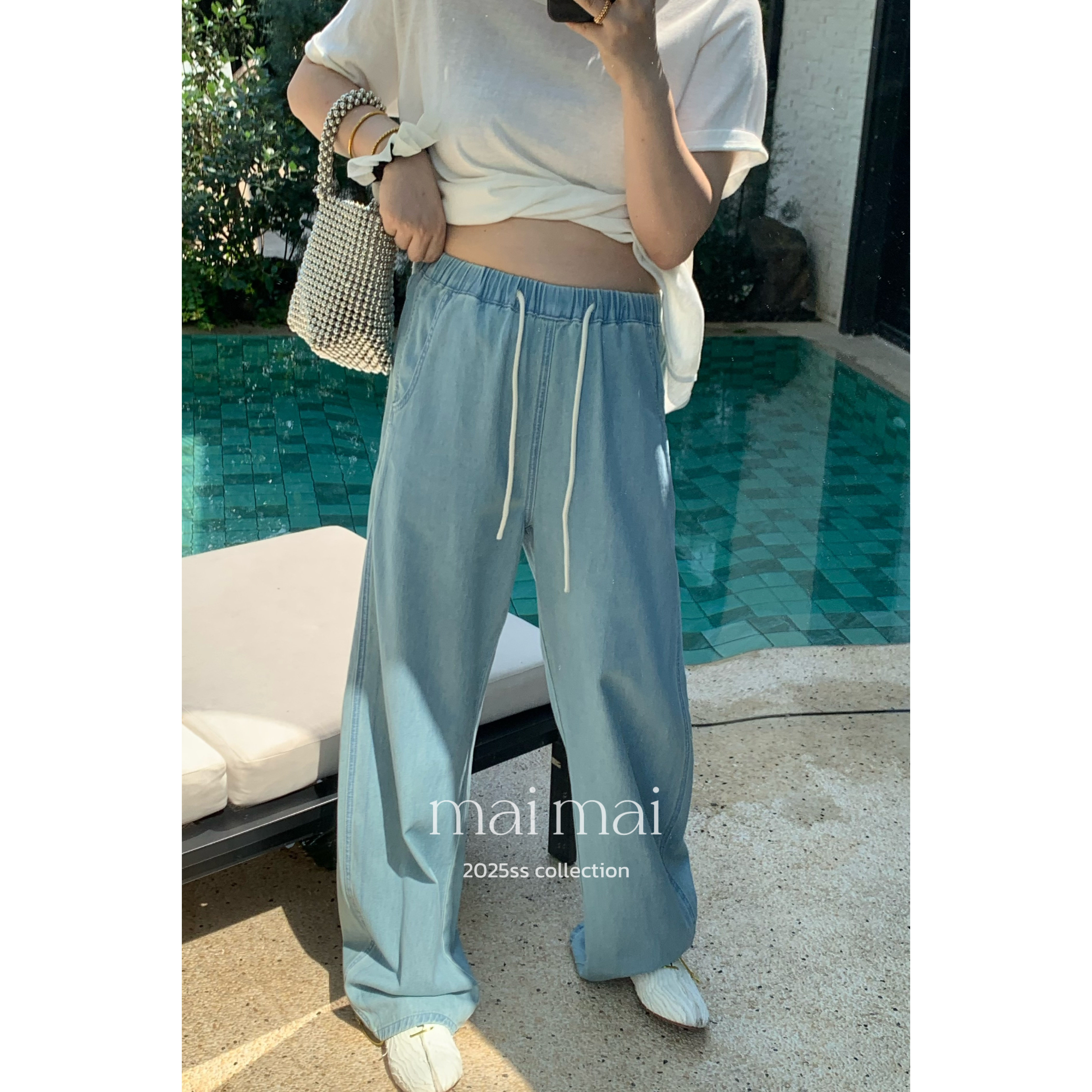 郑买买【莱茵河】天丝牛仔裤女夏薄款2025款直筒休闲百搭系带裤子