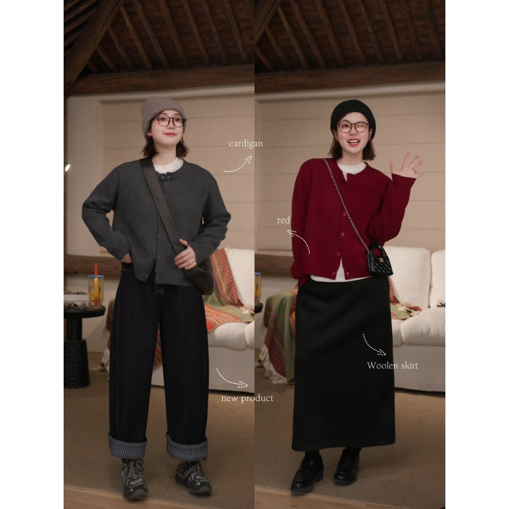 郑买买 红豆芝麻糊 秋冬款老钱风经典百搭基础圆领针织开衫女上衣,女装/女士精品,毛针织衫,淘宝优惠券,粉丝福利购,淘宝优惠卷