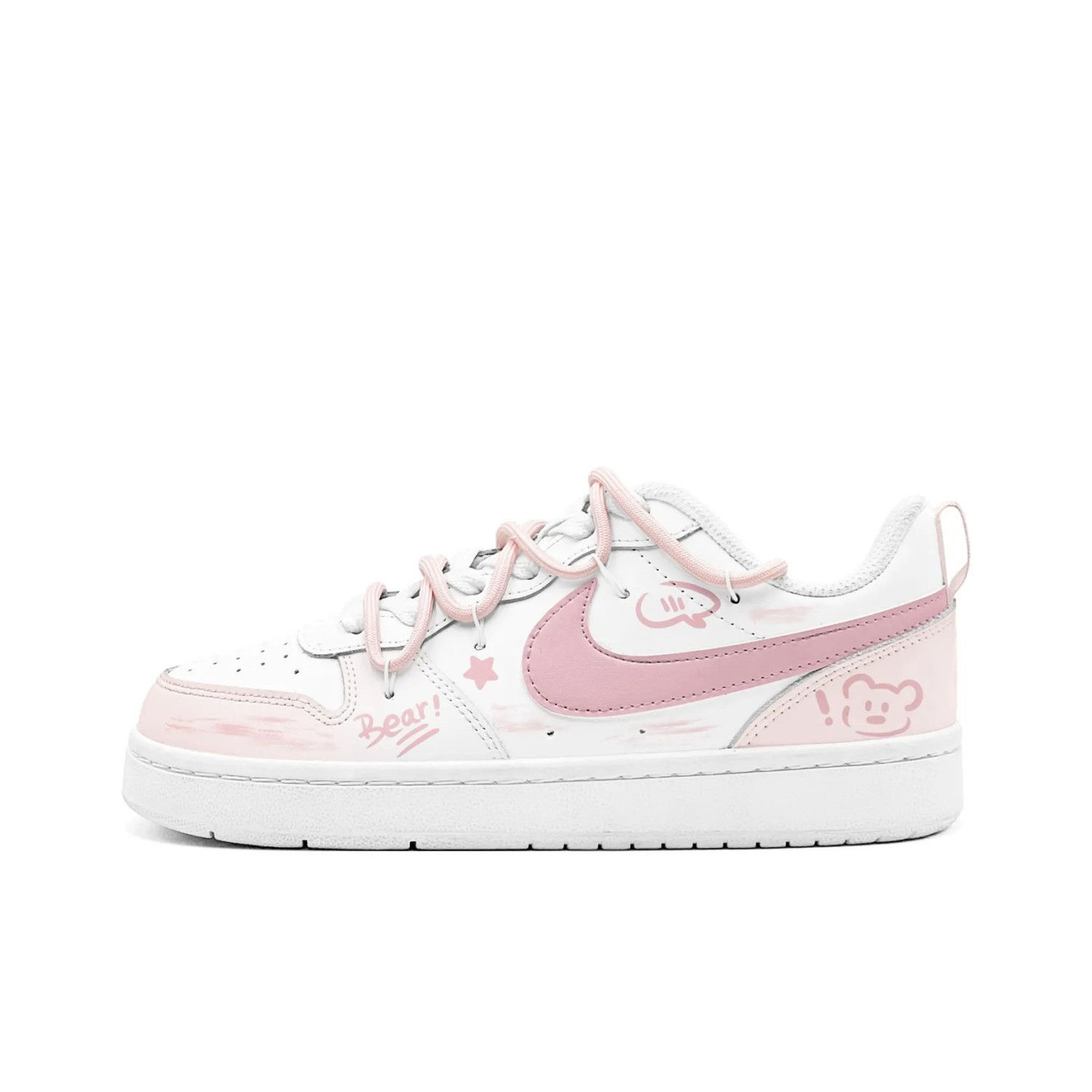 NIKE/耐克CourtBorough定制球鞋运动甜粉小熊低帮板鞋女款粉白色