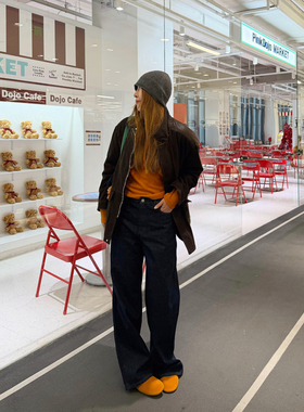 KOGIRL冬季拉绒丹宁直筒H型剪裁高腰显瘦提臀休闲直筒牛仔裤长裤