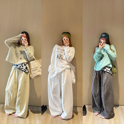 松弛感简约休闲高腰褶皱阔腿裤女