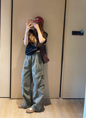 KOGIRL春季韩系简约工装大口袋高腰压褶直筒休闲舒适松弛长裤女