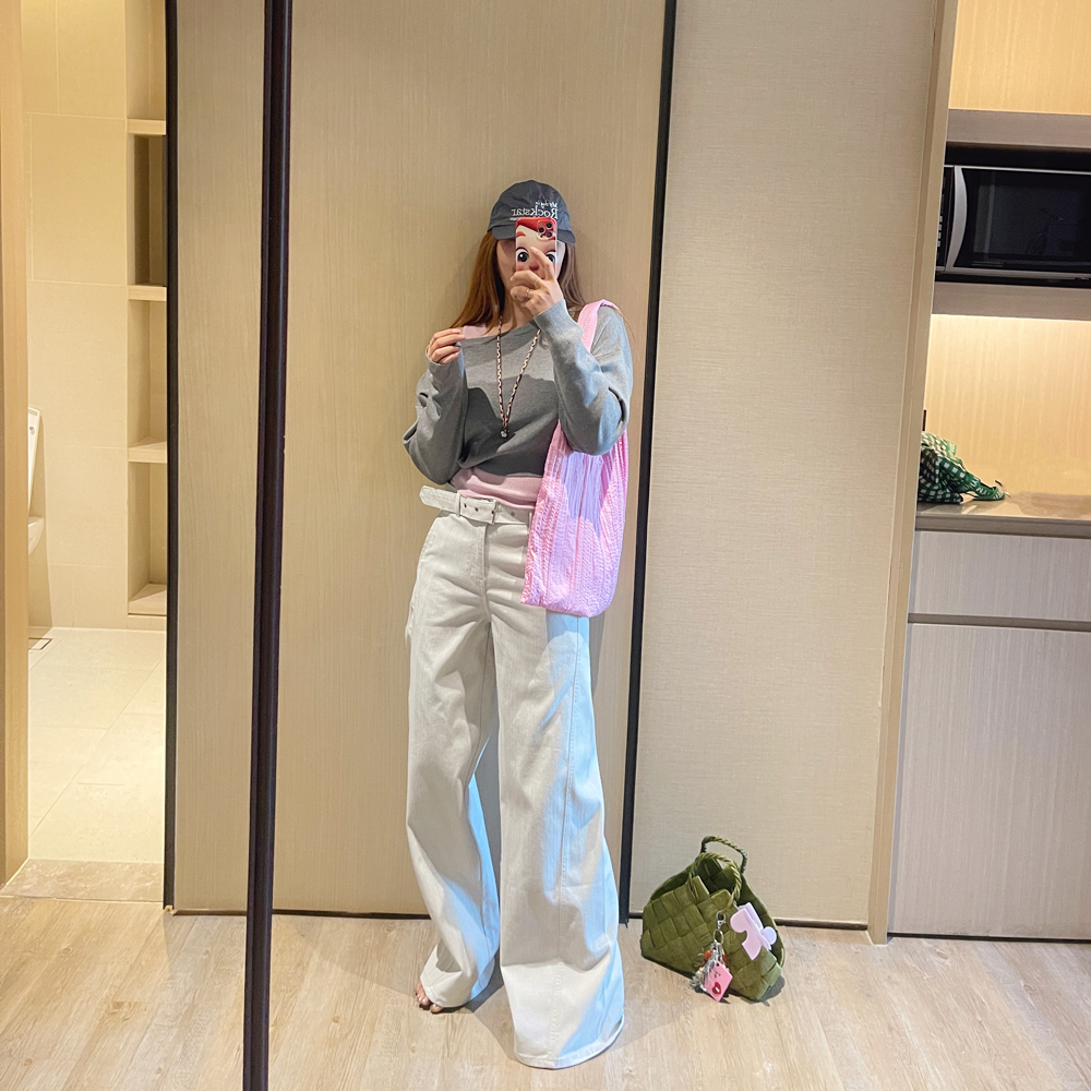 人字纹立裁高腰直筒阔腿牛仔裤女