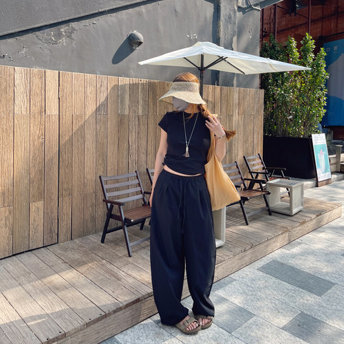 夏季日系时髦慵懒感拼接休闲裤女