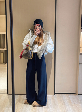 KOGIRL软糯羊毛垂顺加绒舒适韩版休闲抽绳高腰宽松显瘦直筒阔腿裤