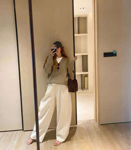 冬季高腰慵懒加厚弧形阔腿休闲裤