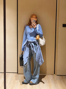 KOGIRL~100水洗竹节棉V领卷边宽松长袖T恤韩系慵懒蓝色内搭上衣女