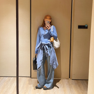 KOGIRL T恤韩系慵懒蓝色内搭上衣女 100水洗竹节棉V领卷边宽松长袖