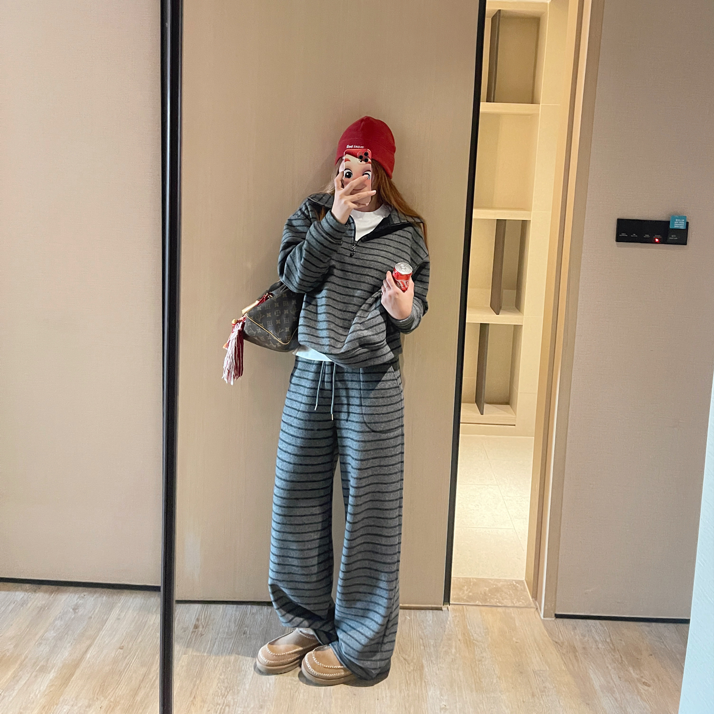 冬季加绒休闲松弛感条纹卫衣裤子