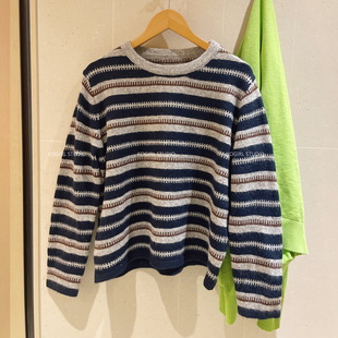 KOGIRL韩系东大门圆领齿轮机理条纹复古柔软舒适宽松针织衫上衣女