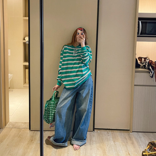 美式复古高腰弧形阔腿牛仔裤女