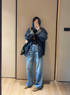 KOGIRL蓝色直筒剪裁显瘦高腰牛仔裤2026新款磨破百搭休闲裤子女