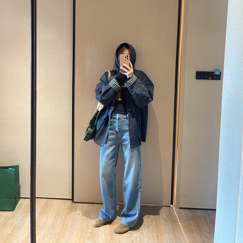 蓝色直筒宽松牛仔裤高腰显瘦女