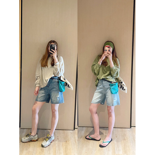 天丝棉破洞水洗五分高腰牛仔裤女