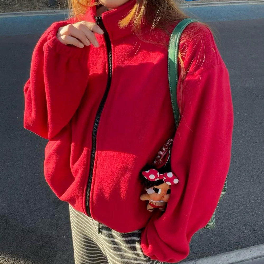 KOGIRL冬季韩系东大门红色氛围立领宽松显瘦摇粒绒松弛保暖外套女,女装/女士精品,短外套,淘宝优惠券,粉丝福利购,淘宝优惠卷