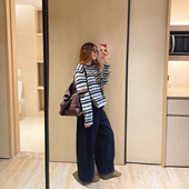 KOGIRL韩系东大门圆领齿轮机理条纹复古柔软舒适宽松针织衫 上衣女