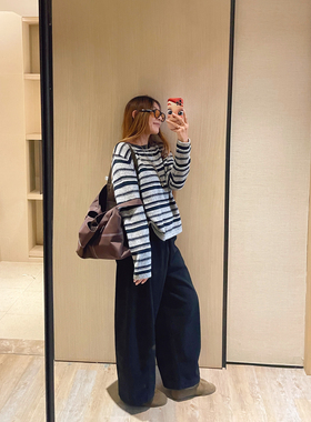 KOGIRL韩系东大门圆领齿轮机理条纹复古柔软舒适宽松针织衫上衣女