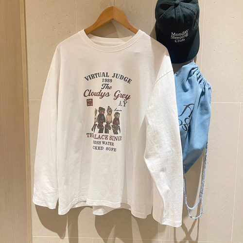 韩系小熊印花宽松落肩美式长袖T