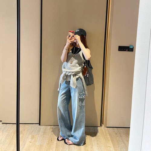 松弛感阔腿口袋高腰拖地牛仔裤女