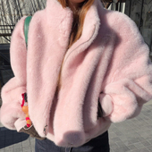 KOGIRL环保皮草冬季 立领毛绒纯色宽松立体剪裁松弛感拉链外套女