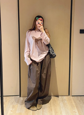 KOGIRL~100棉极简松弛风纯色压褶松紧腰舒适宽松透气薄款休闲裤女