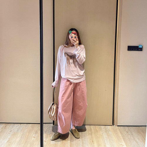 100棉韩系松紧抽绳休闲直筒裤女