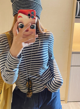 KOGIRL秋季韩版正肩简约圆领条纹撞色休闲显瘦长袖舒适T恤上衣女