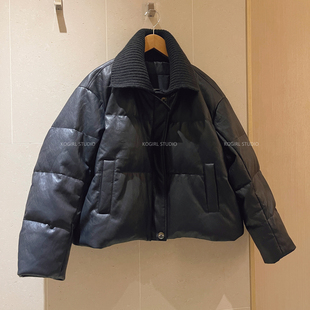 KOGIRL冬日巴黎街头90白鸭绒PU皮简约时髦针织大翻领时髦羽绒服女