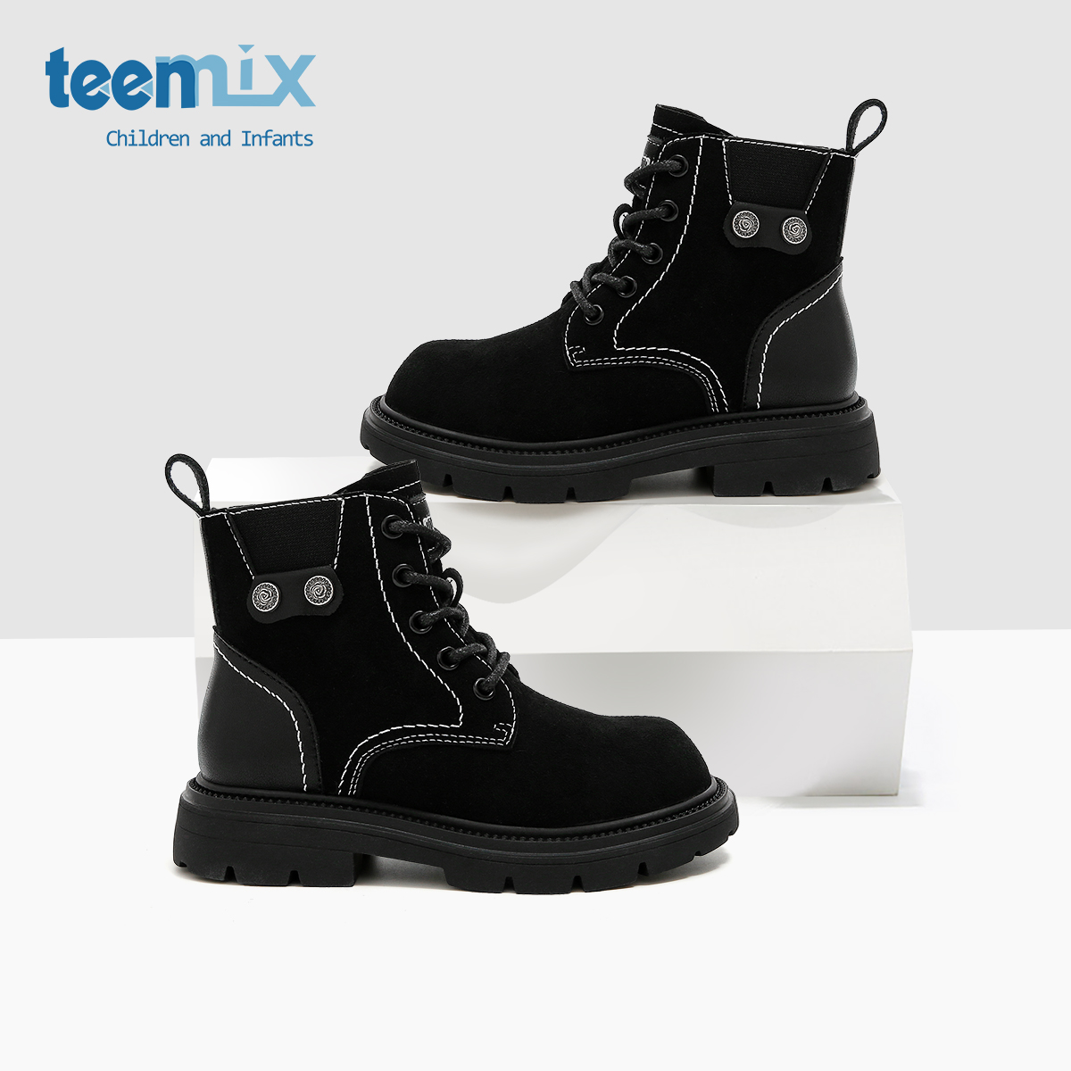 天美意童鞋2025秋冬新款女童户外登山皮靴男童简约马丁靴百搭靴子