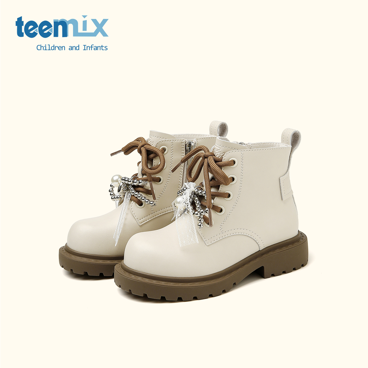 天美意童鞋儿童马丁靴2025秋冬新款女童工装靴宝宝蝴蝶结大黄靴子