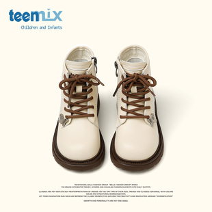 天美意童鞋2025秋冬新款女童英伦风复古短靴女宝宝百搭皮靴马丁靴