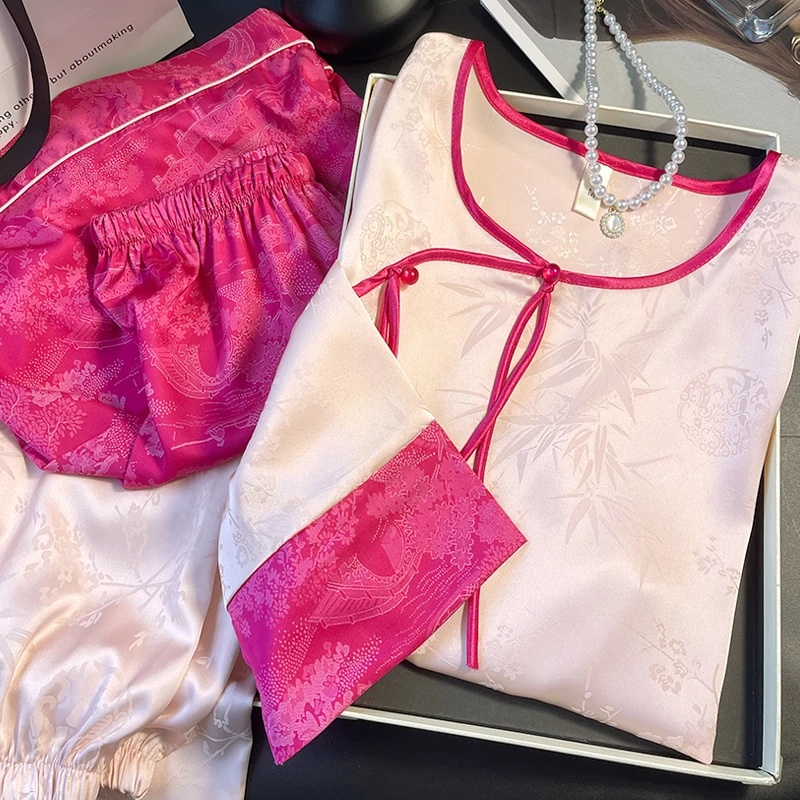 新中式睡衣女士带胸垫冰丝睡衣