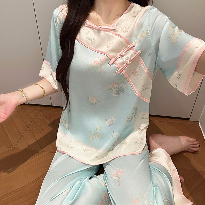 新中式清汉女民国风睡衣女冰丝春夏薄款宫廷风家居服套装春秋款
