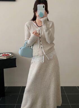 La Vague 法式蕾丝拼接假两件针织开衫+半身长裙