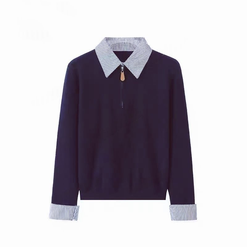 条纹翻领假两件拉链针织上衣