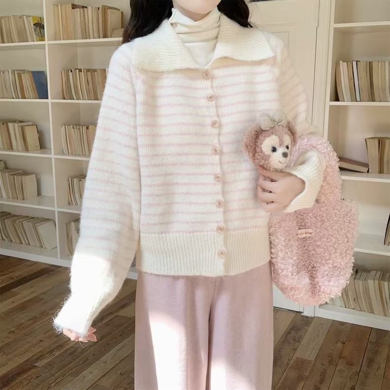 La Vague  翻领条纹撞色针织开衫  LAW53096