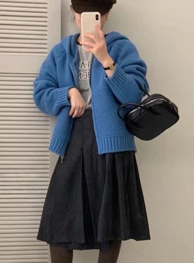 La Vague  丝纹连帽重磅纯色拉链开衫